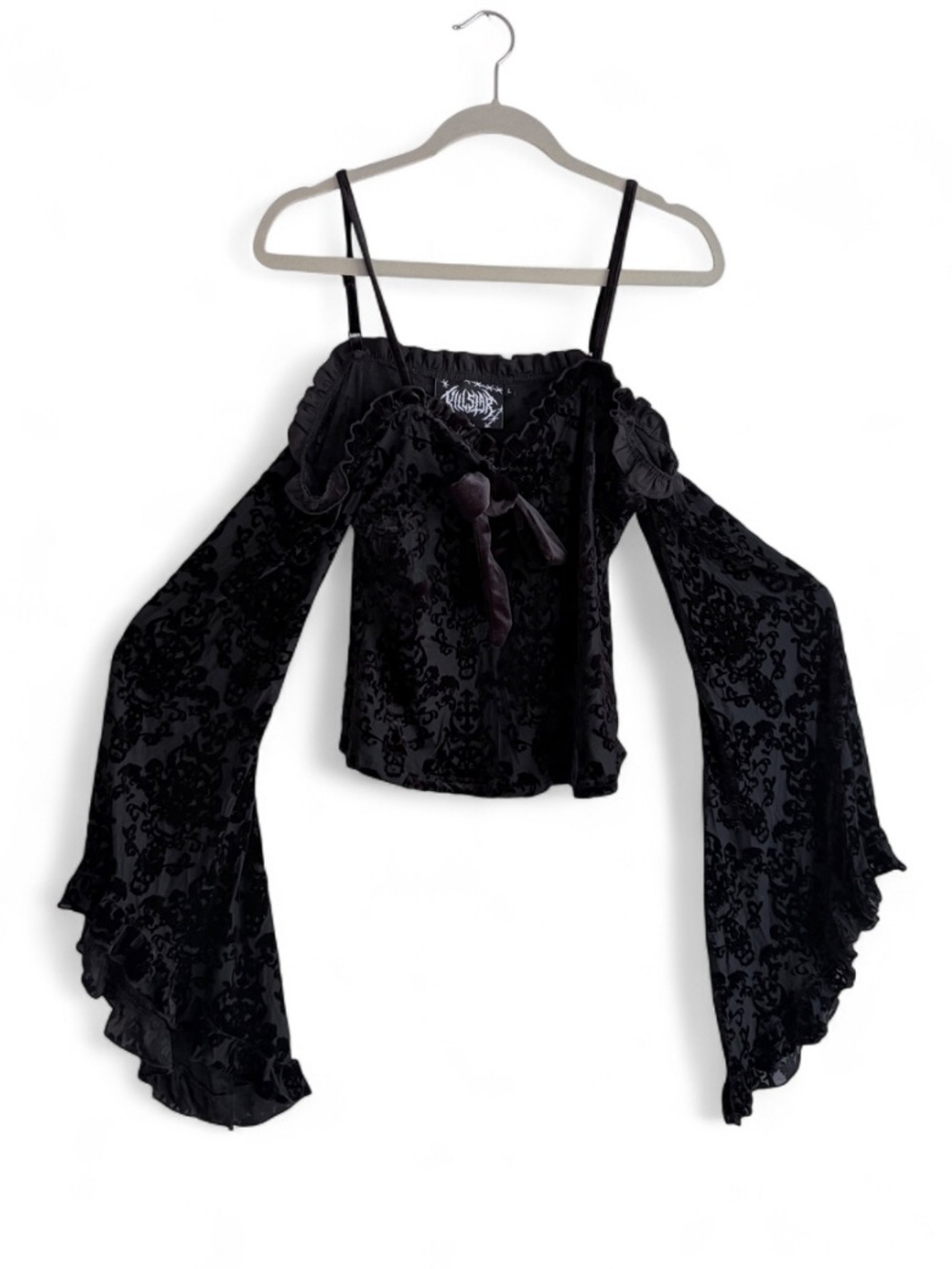 Killstar Black Velvet Bardot Off the Shoulder Bell Sleeve Crop Shirt Size L